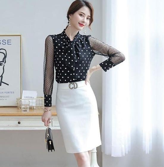 [HCM]ÁO SƠ MI CÔNG SỞ NỮ CHẤM BI TAY PHỐI LƯỚI CAO CẤP