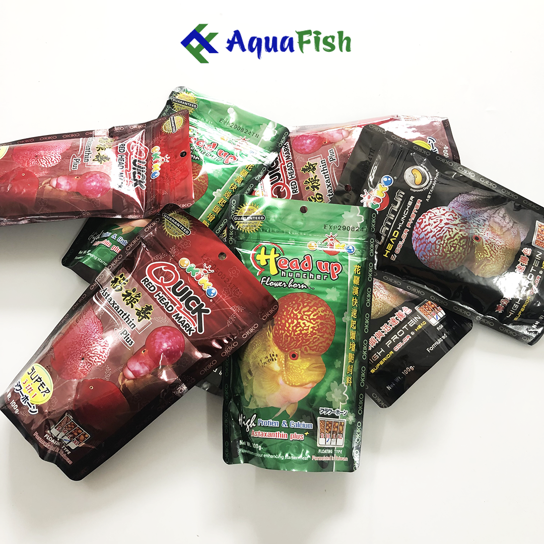 Thức ăn cho cá La Hán Okiko 100g giúp cá nhanh lớn, phát triển đầu và lên màu sắc đẹp