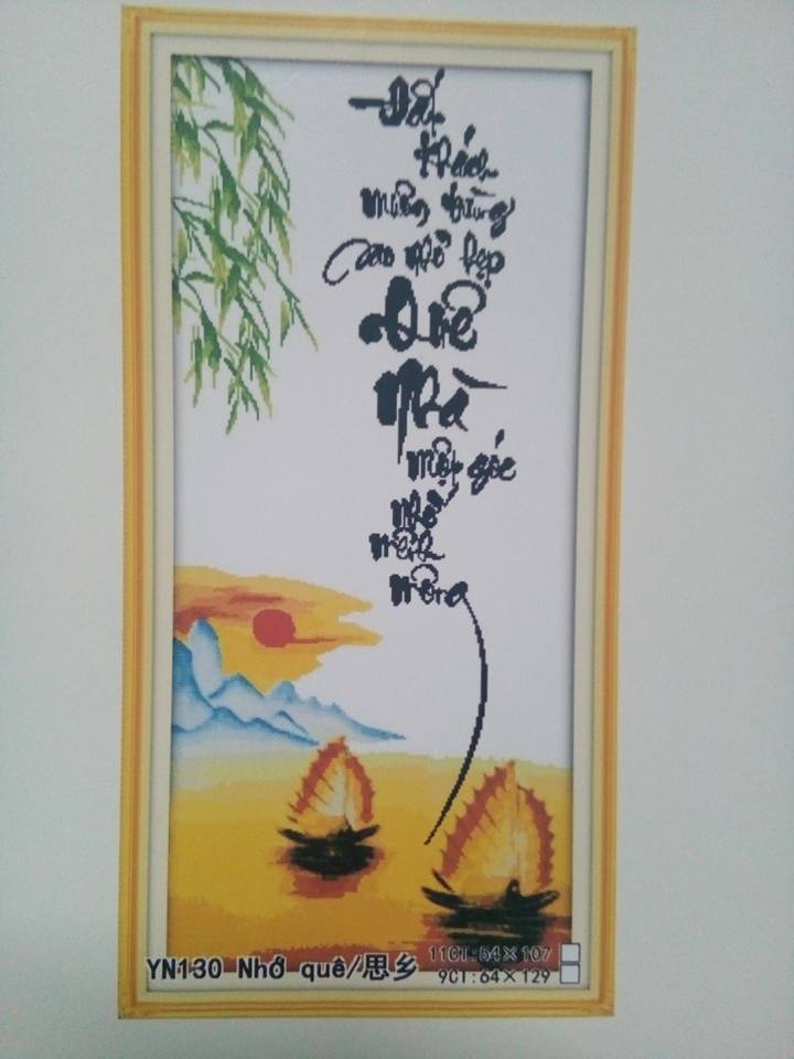 Tranh thêu chữ thập thư pháp Quê Nhà
