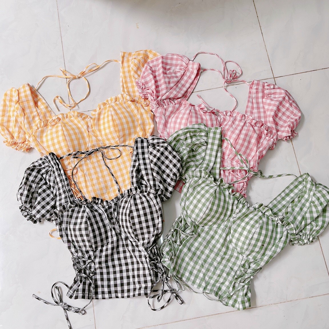 Áo kiểu peplum nữ phối sọc caro cổ vuông có mút lót ngực, nhiều màu xinh