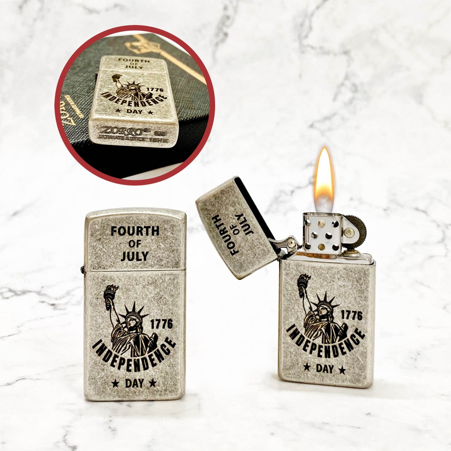 BẬT LỬA ZIPPO SLIM ZORRO - BẠC CỔ HÌNH NỮ THẦN TỰ DO (NGÀY ĐỘC LẬP HOA KỲ 1776) (FILL BOX) - (XÀI XĂNG)