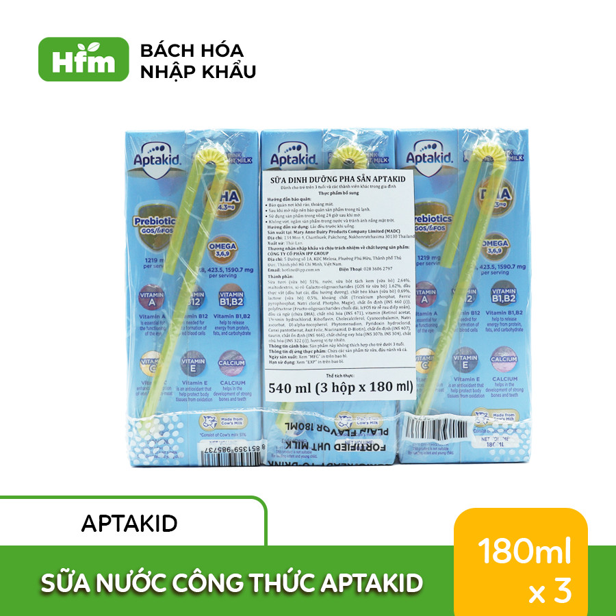 [DATE T12.2023 - T1.2024 MUA 2 THÙNG TẶNG 1 THÙNG] Sữa Nước CôngThức Aptakid 180ml/hộp ( Tổng 3 Thùng, 81 Hộp)