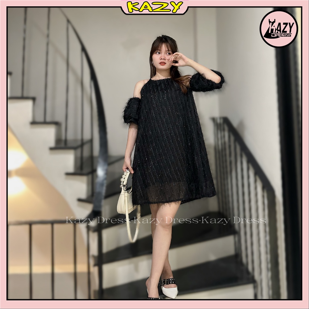 HOÀN TIỀN 15% - Váy cổ yếm trễ vai tơ lông mềm mịn phong cách tiểu thư KAZY DRESS V047