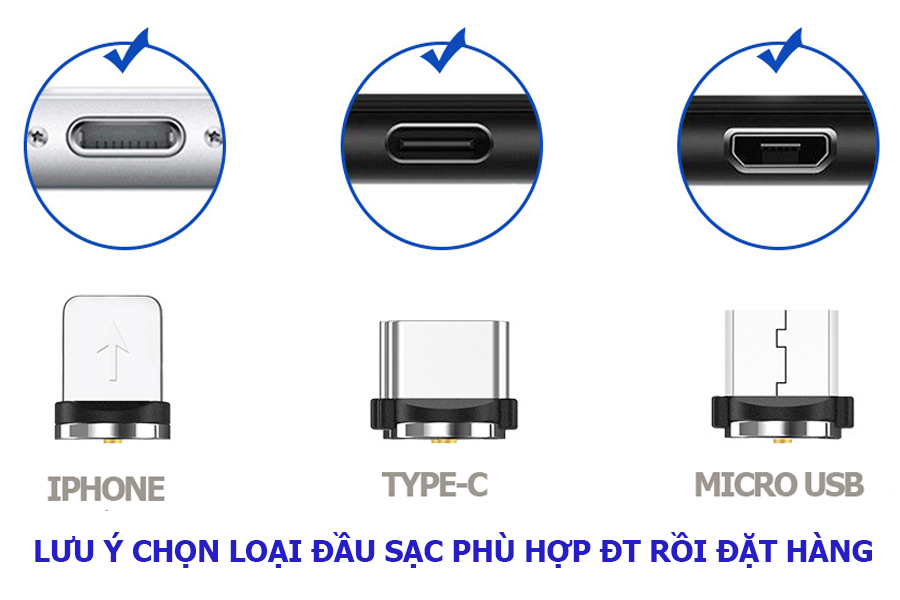 Dây Cáp Sạc Nam Châm Kèm 3 Đầu sạc Lighting Type C Micro Usb