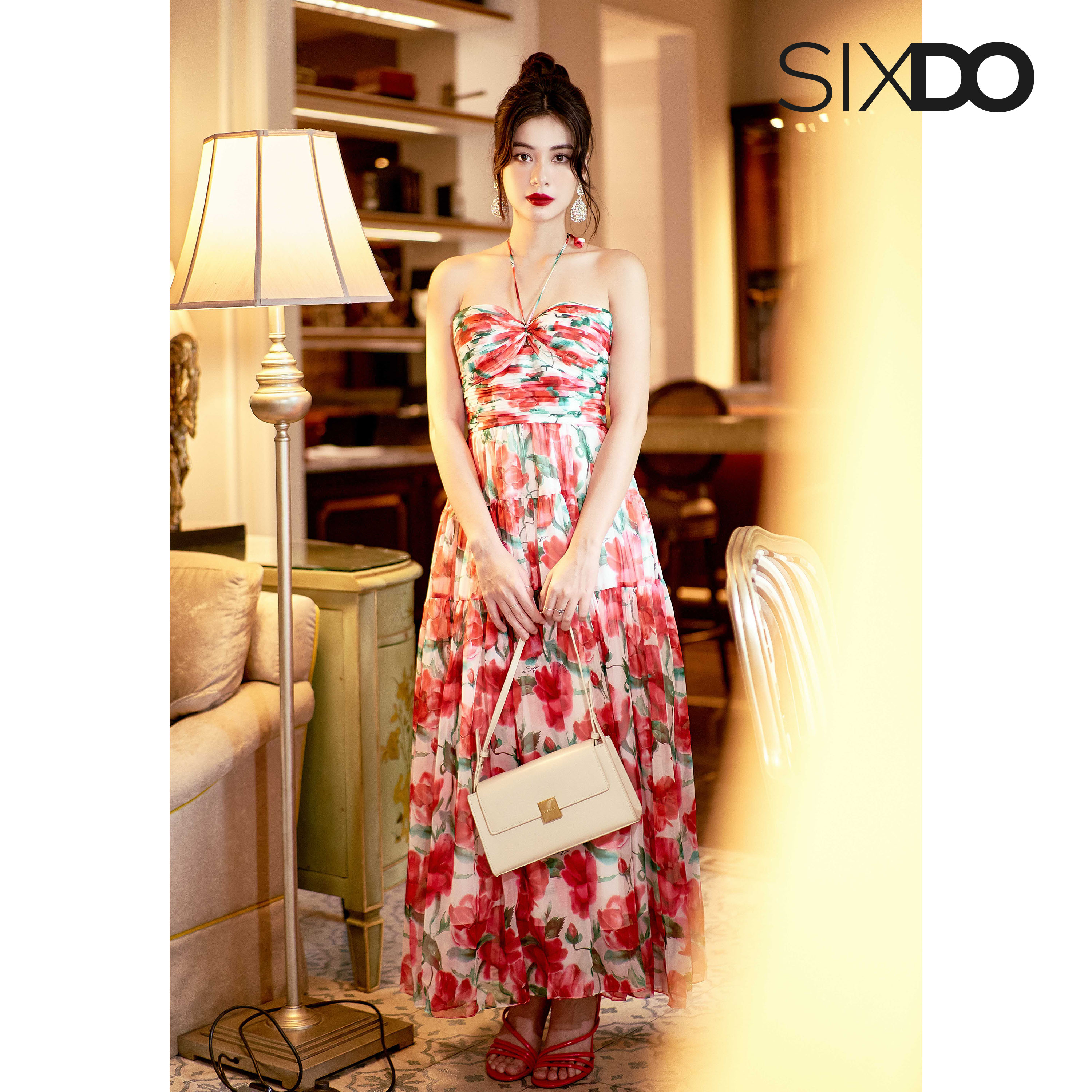 Đầm voan hoa cúp ngực SIXDO (White Cherry Blossom Midi Voile Dress)