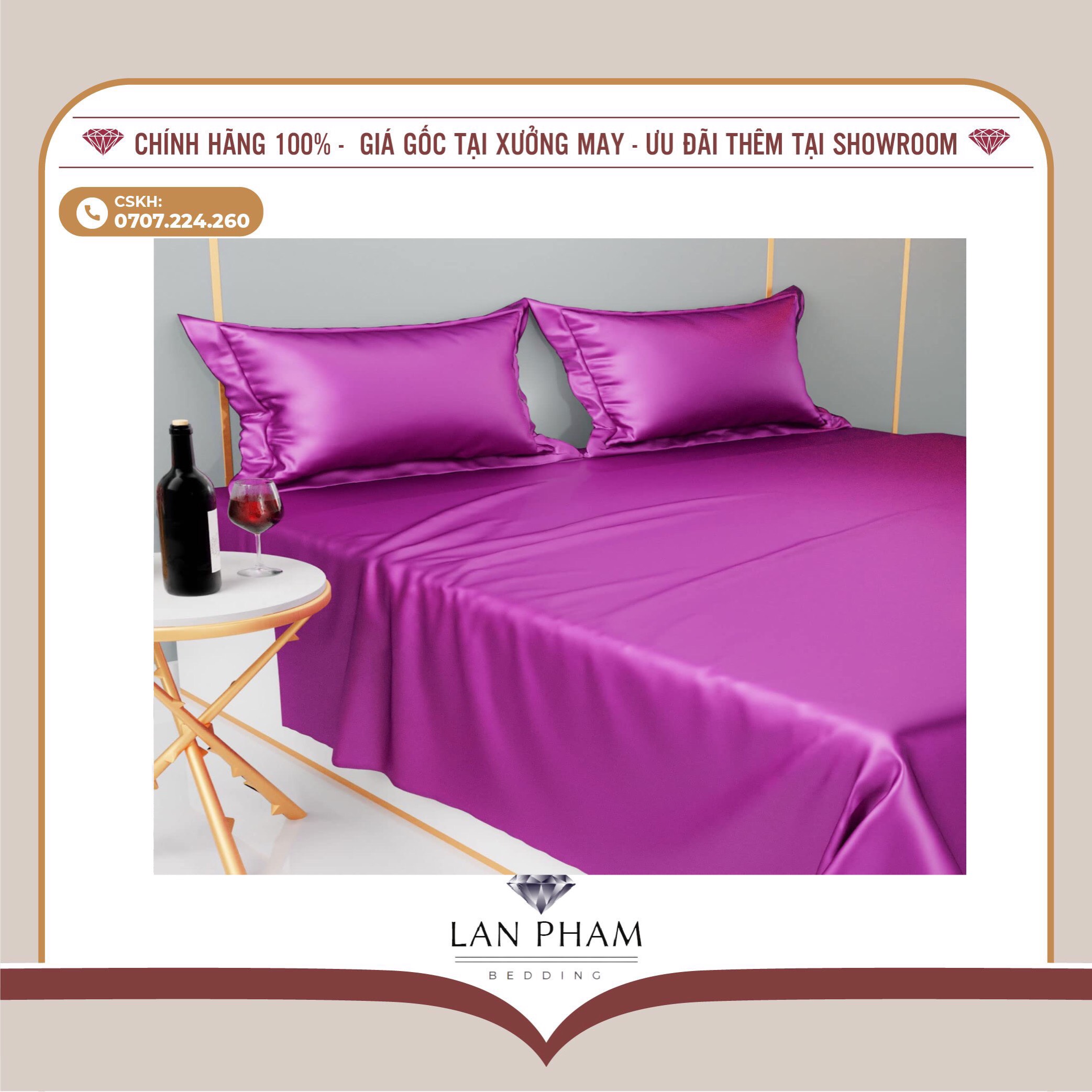 BỘ GA GIƯỜNG DRAP GỐI PHI LỤA MÀU TÍM HUẾ CAO CẤP LAN BEDDING