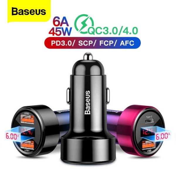 Tẩu Sạc Nhanh Xe Hơi Ô Tô Baseus Dual-USB & Type-C (45W, Quick Charge 3.0, 4.0, PD3.0)