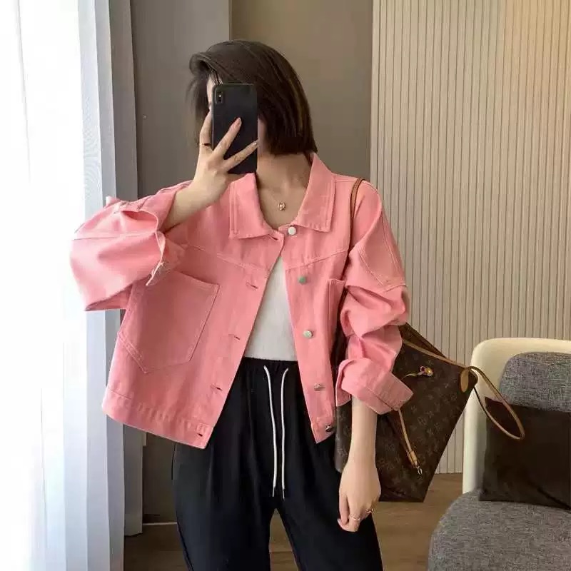 [HỒNG] ÁO KHOÁC DENIM HOẠ TIẾT CHỮ HAPPY TIMES ÁO LỬNG FORM CROPTOP DONG PHUONG FASHION 123