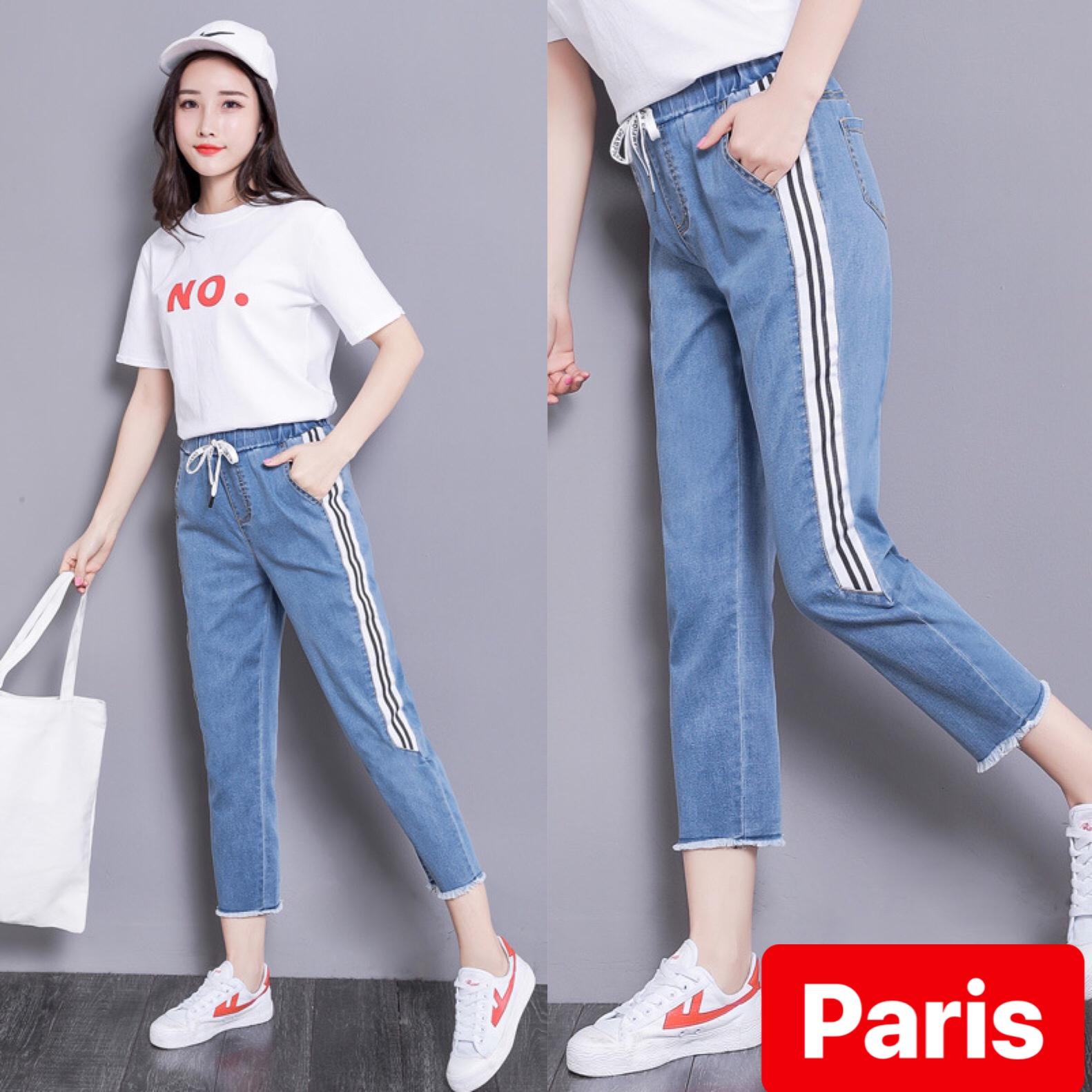 QUẦN BAGGY JEAN NỮ CHẤT BÒ XANH LƯNG THUN CẠP CHUN SỌC BÊN LƯNG CAO NÂNG MÔNG HÀN QUỐC PR-259 CAO CẤP - PARIS FASHION
