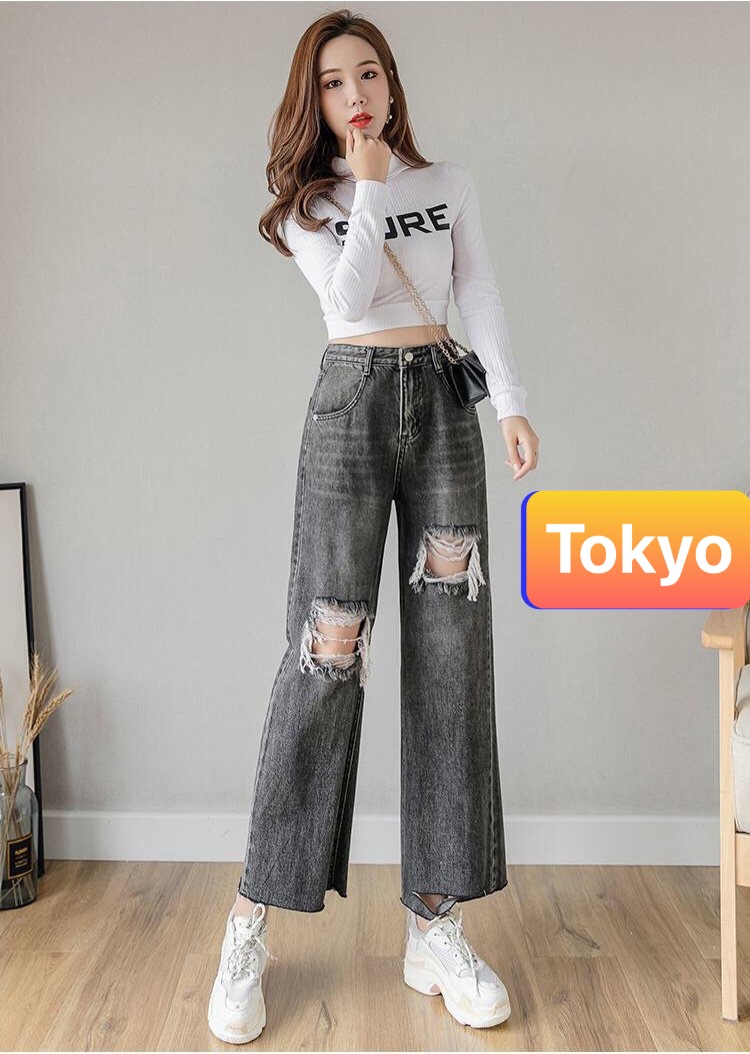 QUẦN JEAN BAGGY NỮ CHẤT BÒ XÁM RÁCH ỐNG RỘNG SANG CHẢNH LƯNG CAO NÂNG MÔNG D-102 CAO CẤP - TOKYO FASHION