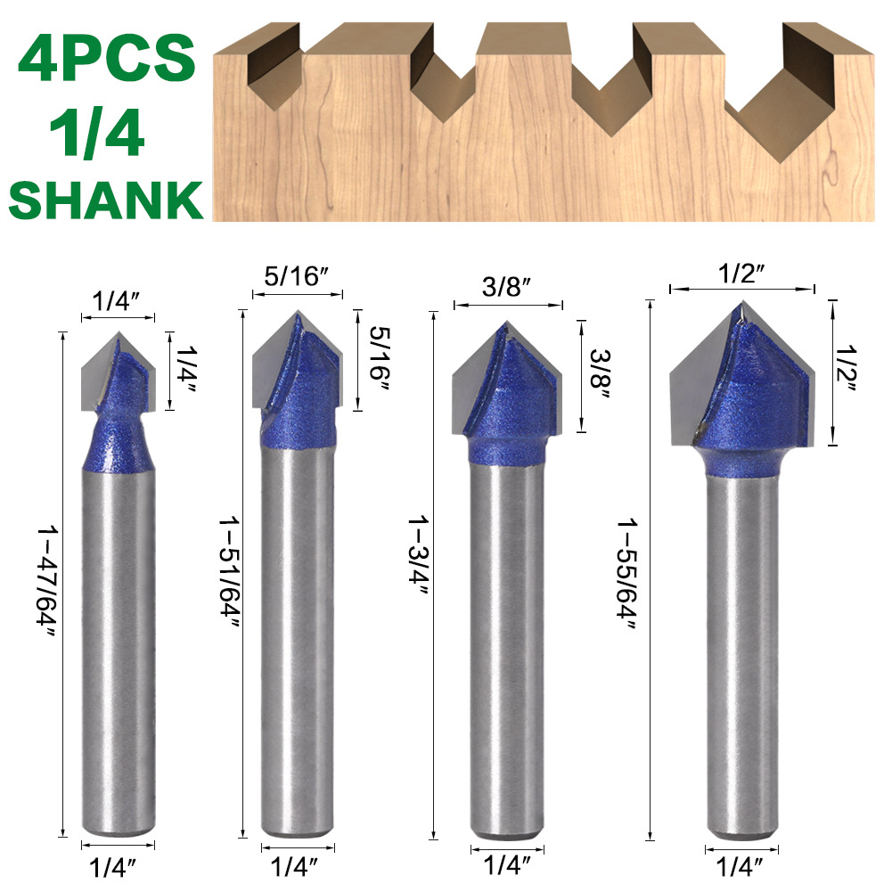 Combo 4 mũi soi gỗ, Mũi phay gỗ phay rãnh V 90 độ, cốt 6.35mm