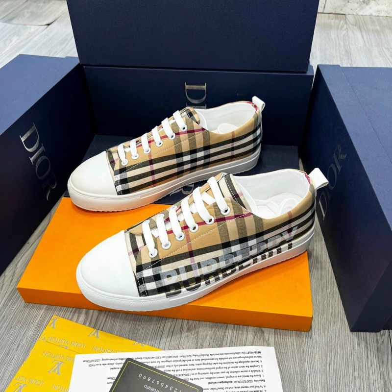 Giày thể thao sneaker nam nữ BBR vải kẻ sọc be đen dập chữ phối mũi da trắng đế cao su răng cưa GS47P