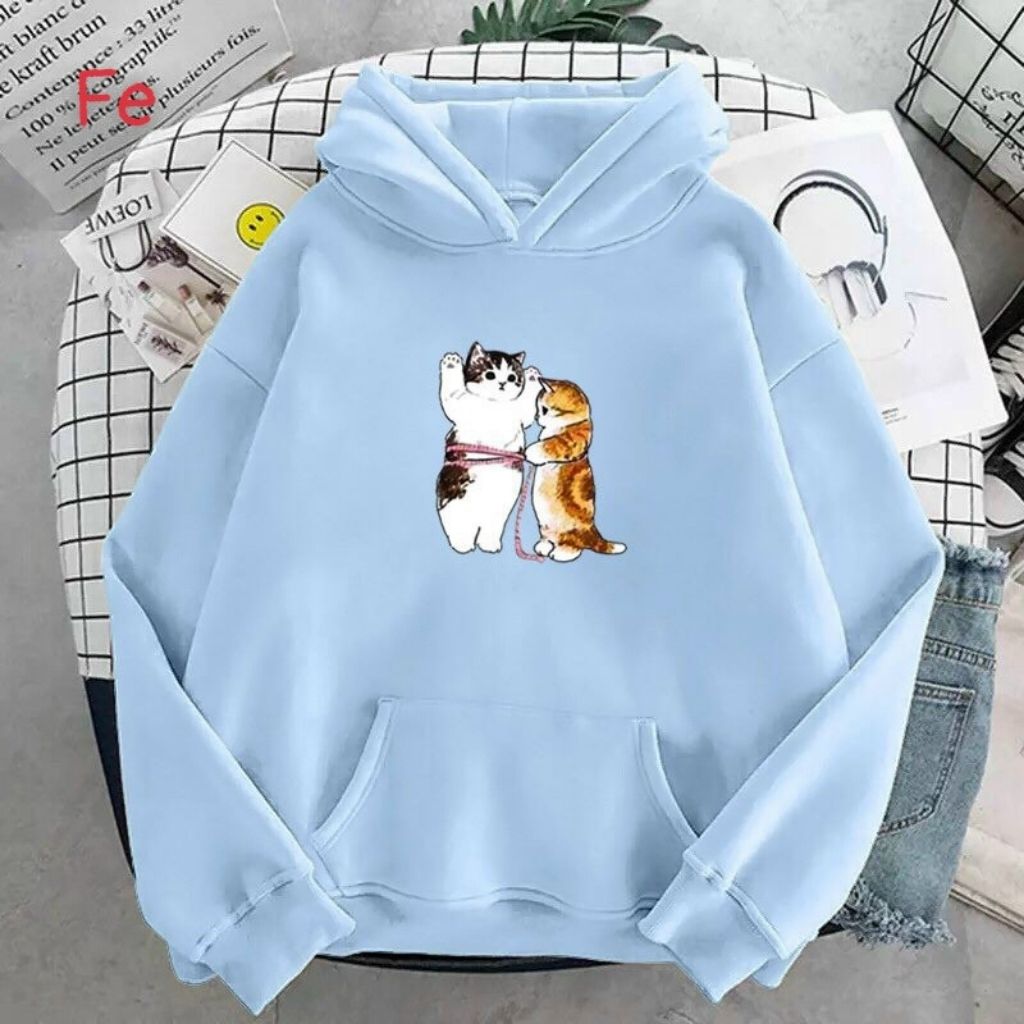 Áo khoác nỉ unisex form rộng nam nữ in cặp đôi mèo buột dây siêu đẹp