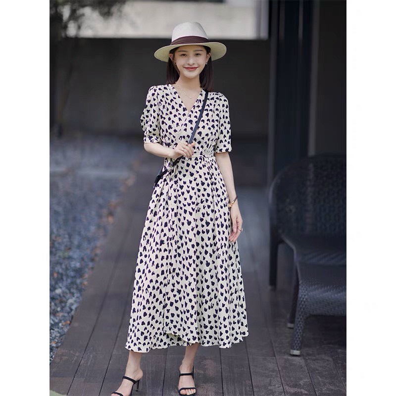 Đầm nữ kate - đầm midi - đầm cổ v tay búp họa tiết trái tim - đầm xòe đắp chéo 2 lớp kiểu vintage