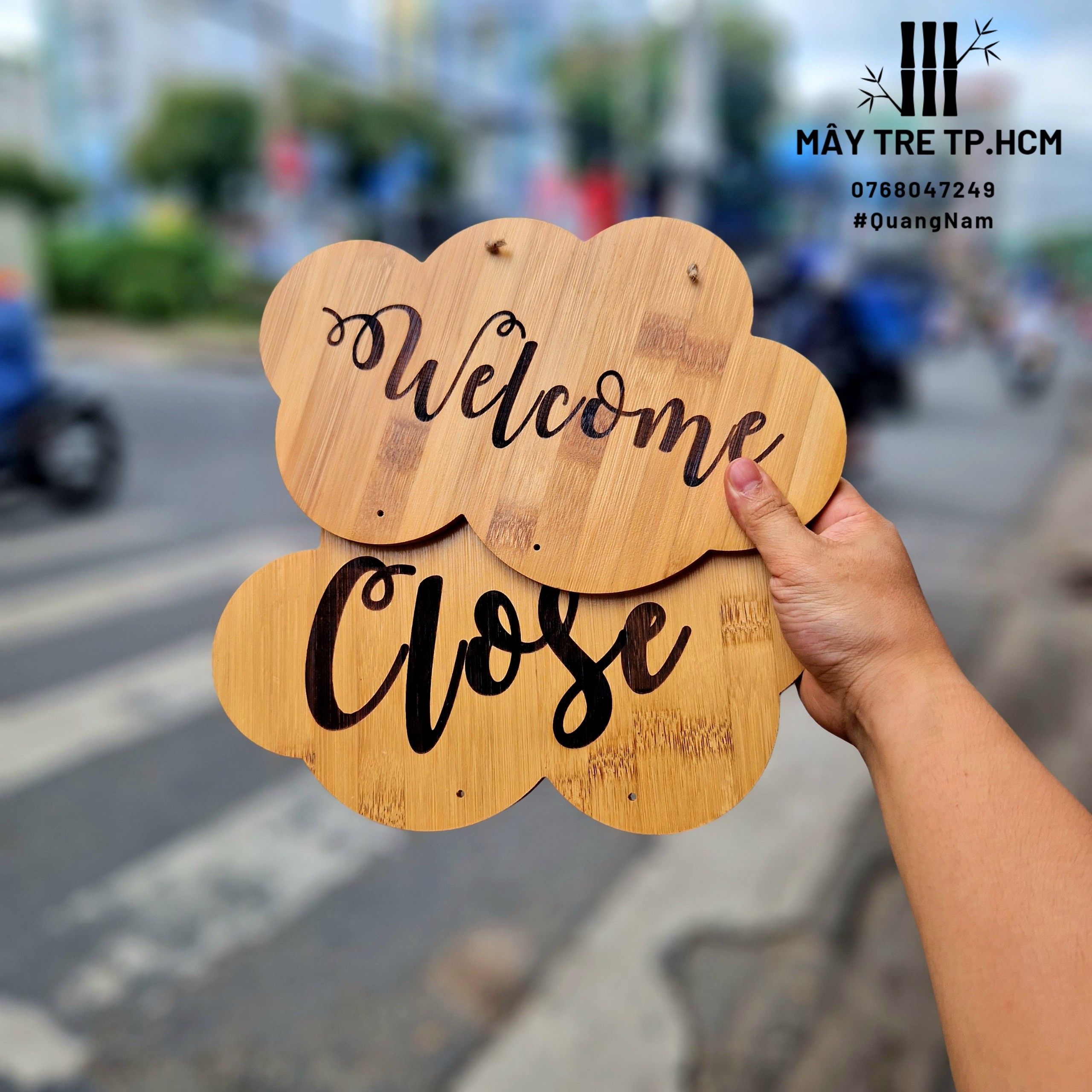 Bảng gỗ treo cửa hai mặt Open/Close & Welcom/Goodbye
