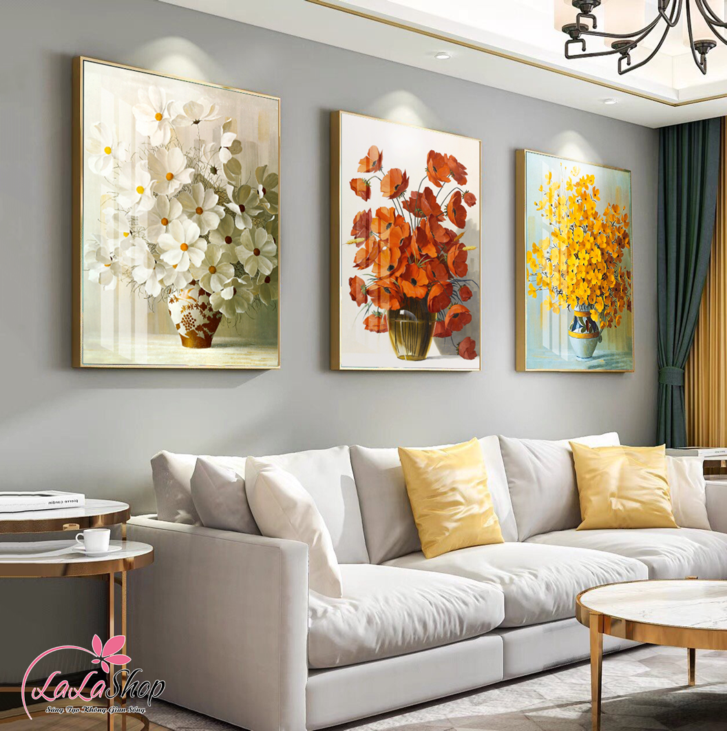 Lalashop - Bộ tranh treo tường Bình Hoa Nghệ Thuật trang trí phòng ngủ Tranh bình hoa 3d tranh vải canvas treo đầu giường phòng ngủ có khung