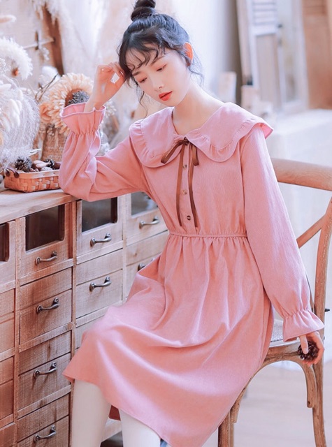 [HCM]Đầm hồng cổ bèo tay dài