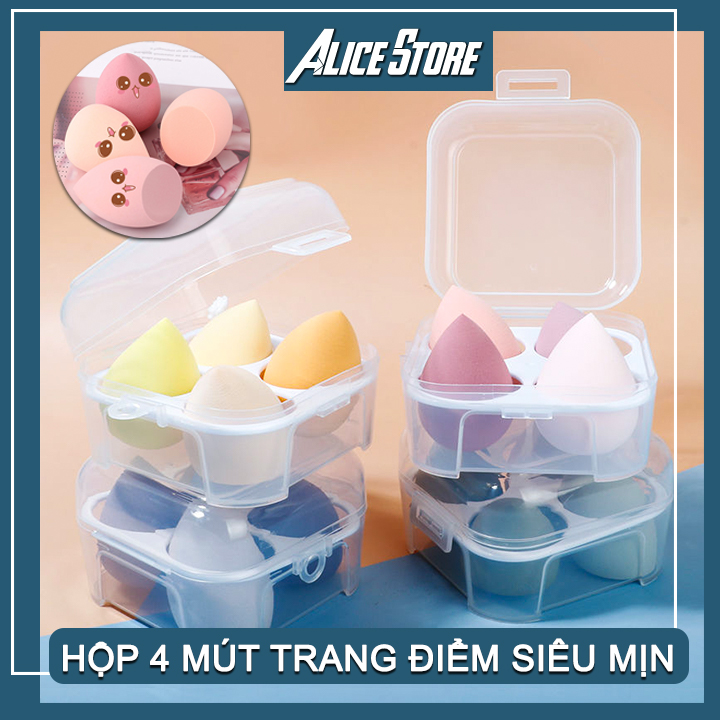 [Freeship ] Set 4 Bông Mút Trang Điểm Kèm Hộp Đựng Xinh Xắn - Hộp 4 mút tán kem nền mút trang điểm mềm mại hình giọt nước siêu tiện dụng