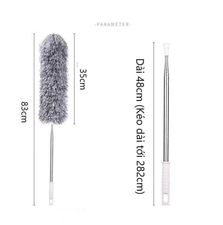 Cây chổi lau bụi cán dài có thể kéo dài đến 2,8m lau các đồ dùng trên cao hoặc rút ngắn đến 80cm để lau bàn, các đồ dùng để bàn, mẫu mới siêu hót 2020 với bông lau tĩnh điện có thể uốn cong hay gập lại