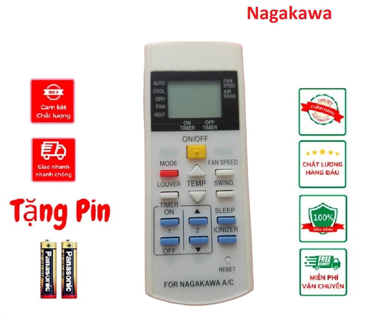 Remote Điều Khiển điều hòa Nagakawa mode màu đỏ , nút tắt mở màu vàng