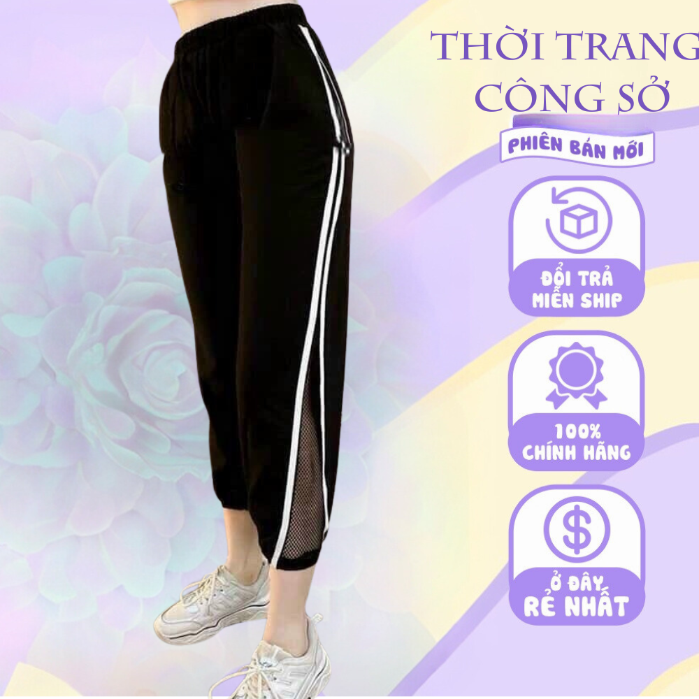 Quần baggy nữ vải đũi phối lưới