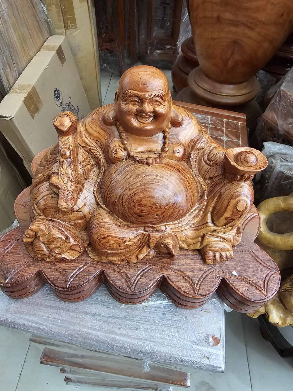 Maitreya Buddha Statue Made of Incense Wood with a 30cm Horizontal Base.