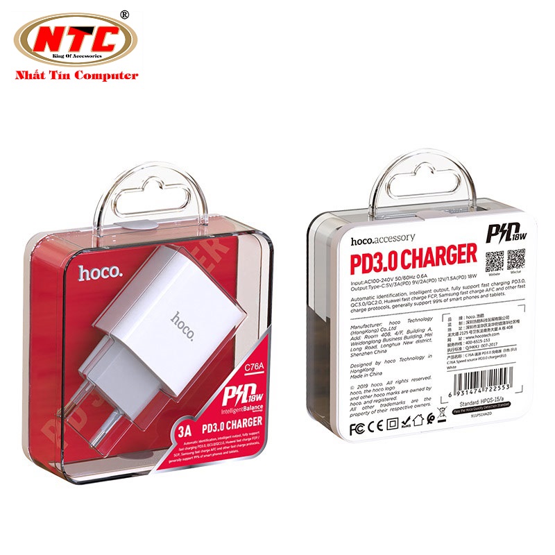 Bộ sạc / Cốc sạc nhanh Hoco C76A Plus cổng TypeC PD 20W (Trắng) Nhất Tín Computer