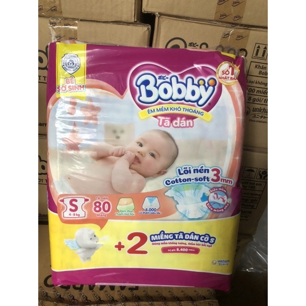 Bỉm-tã dán bobby siêu thấm size s gói 80 miếng thêm 2 miếng