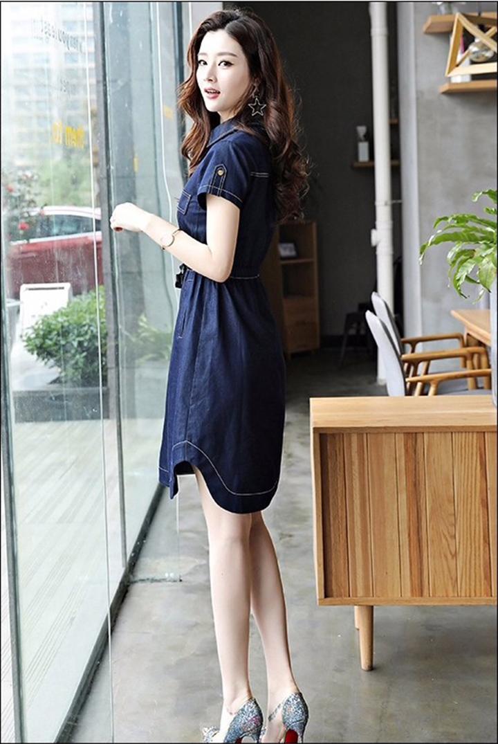 [HCM]Đầm Jean Nữ Ngắn Tay Cổ Bẻ Lai Bầu