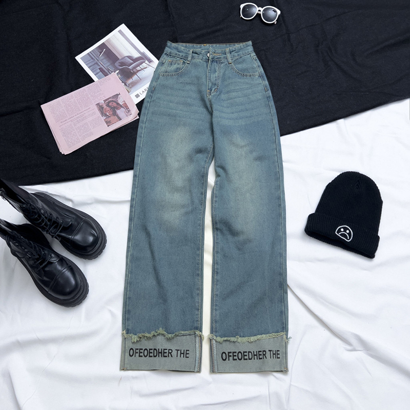 Quần jeans nữ ống rộng gập gấu bản to in chữ phong cách cá tính thời trang jays quan nu 062