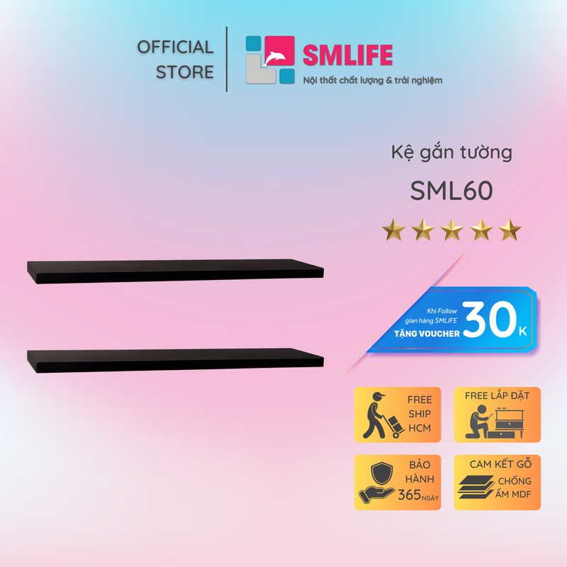 Kệ gỗ trang trí treo tường SML60 (Set 2) - Kệ gỗ treo tường giấu ty treo 60cm x 20cm, sử dụng ván công nghiệp dày 25mm, phủ melamin