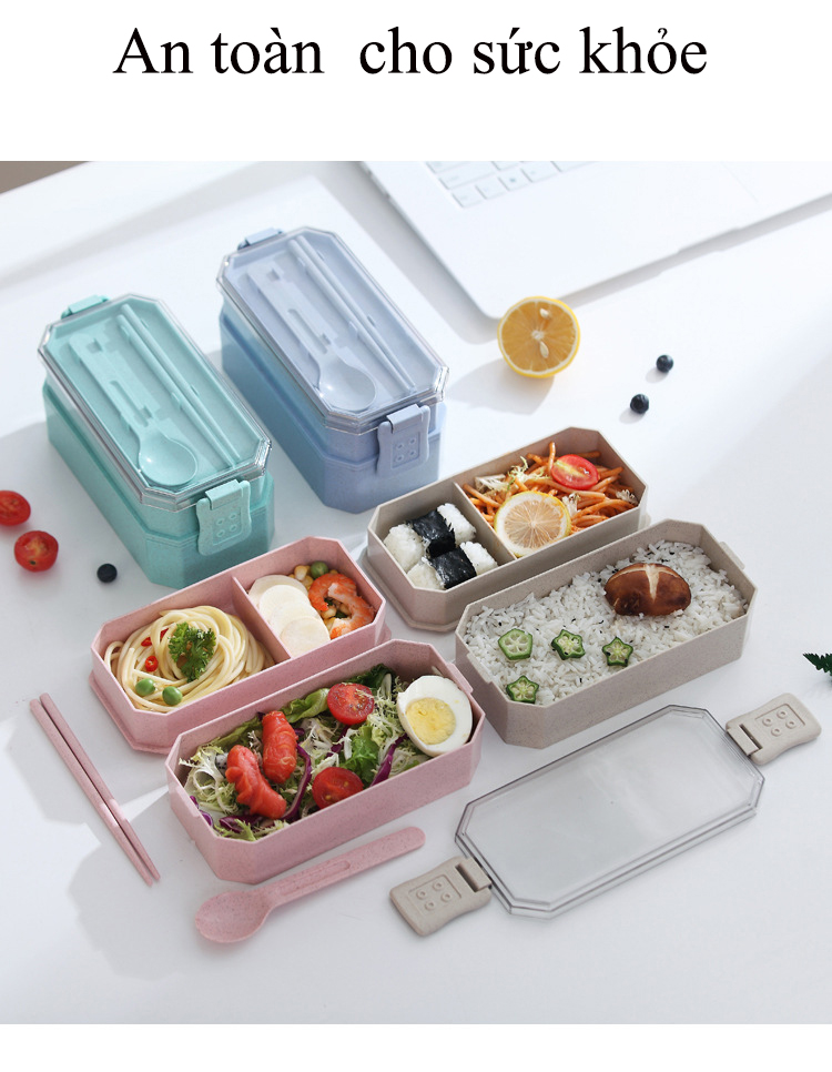 Hộp đựng cơm lúa mạch 2 tầng an toàn và tiện dụng