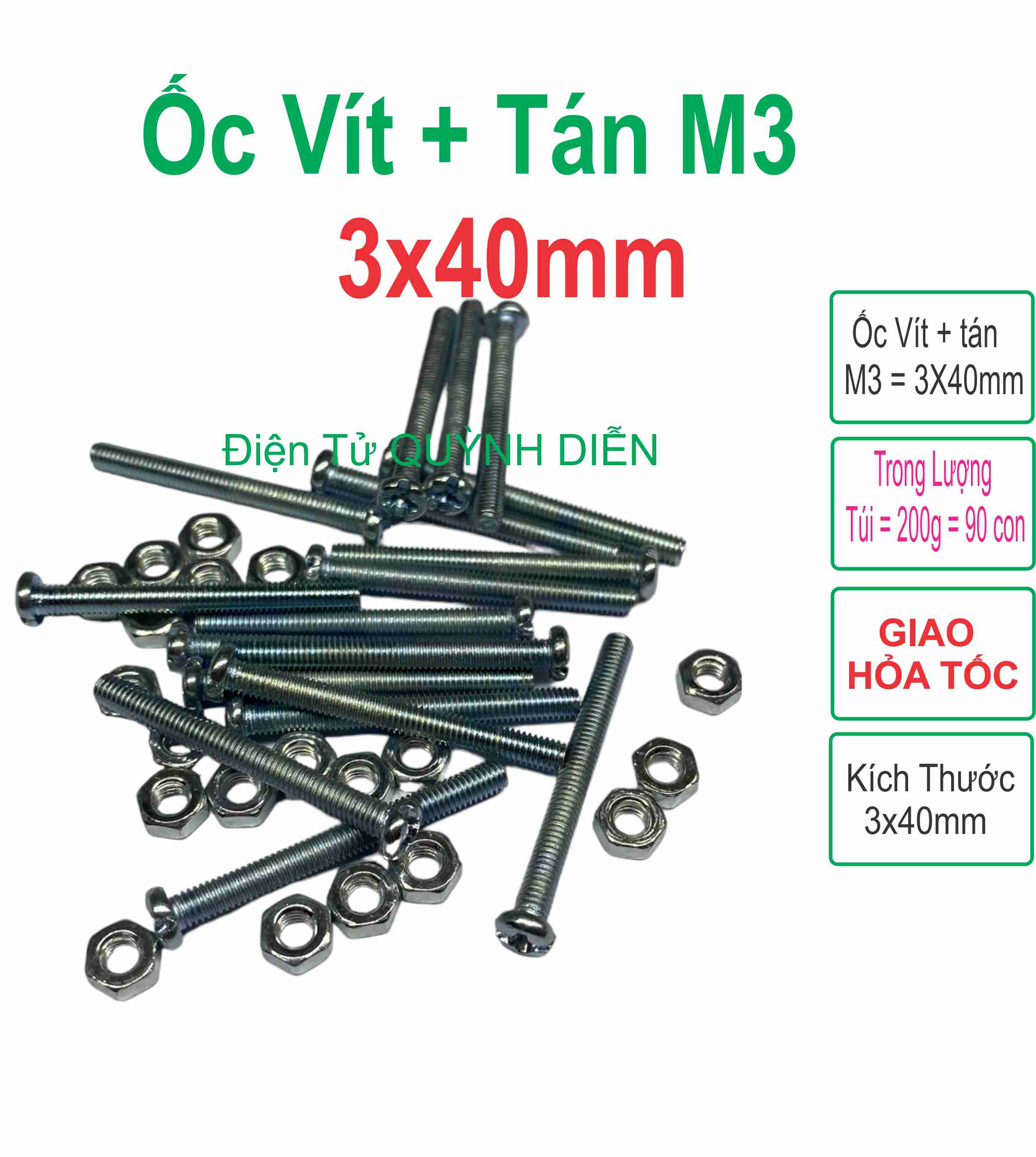 Ốc vít tán M3 3ly dài 4cm ( túi 200g ) 90 con