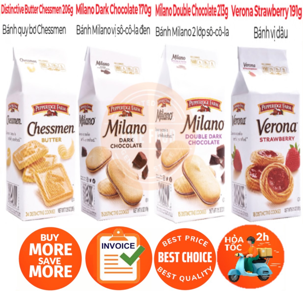 Bánh Quy Pepperidge Farm Chessmen, Verona Strawberry, Milano Dark Chocolate, Double Chocolate