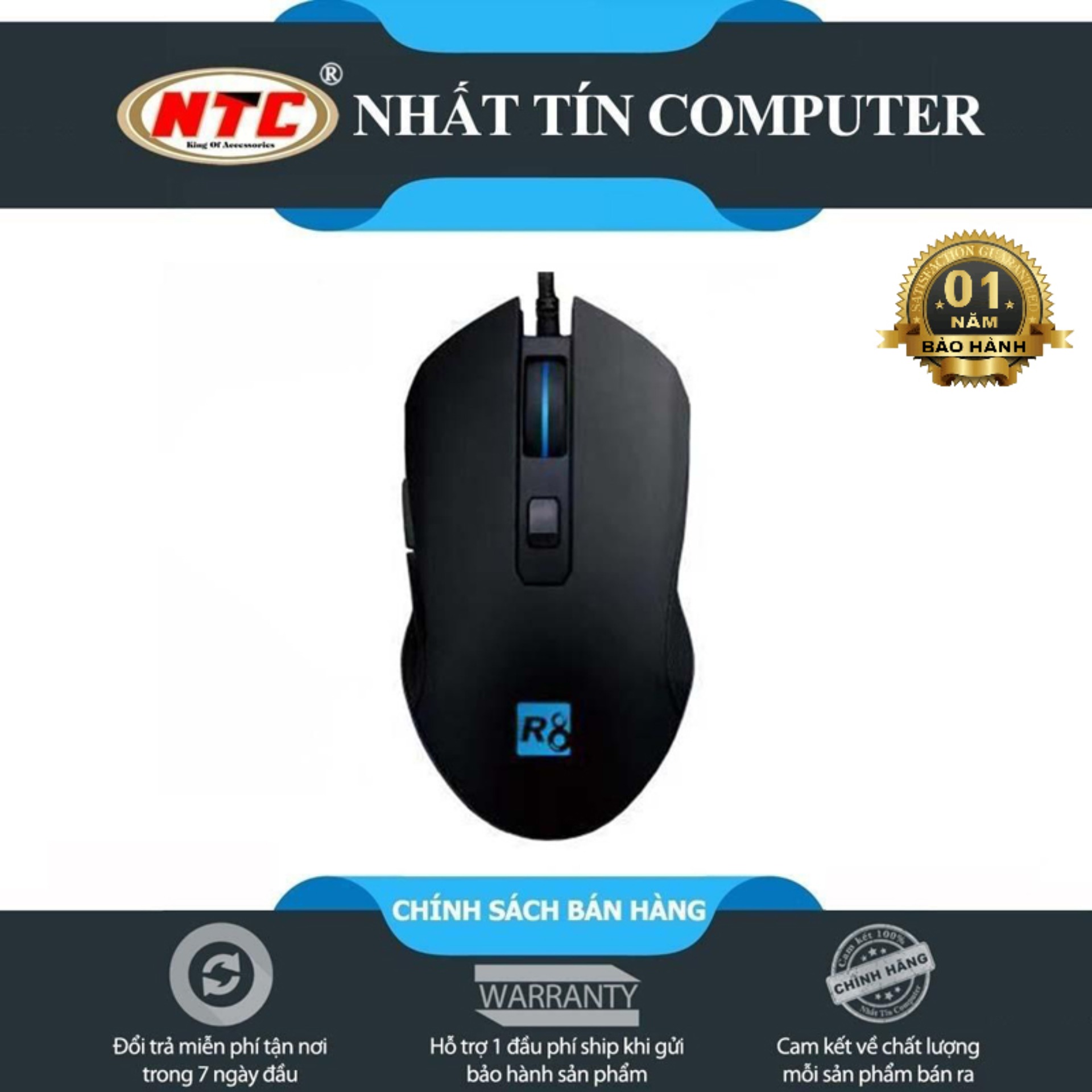 Chuột game 6D R8 1617B DPI 3200 Led đa màu - dây bọc dù chống nhiễu (đen) Hãng phân phối chính thức