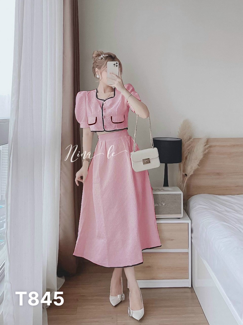 Set áo viền né nhật kèm chân váy công sở dáng xoè dạo phố chất liệu xốp nhật T845a