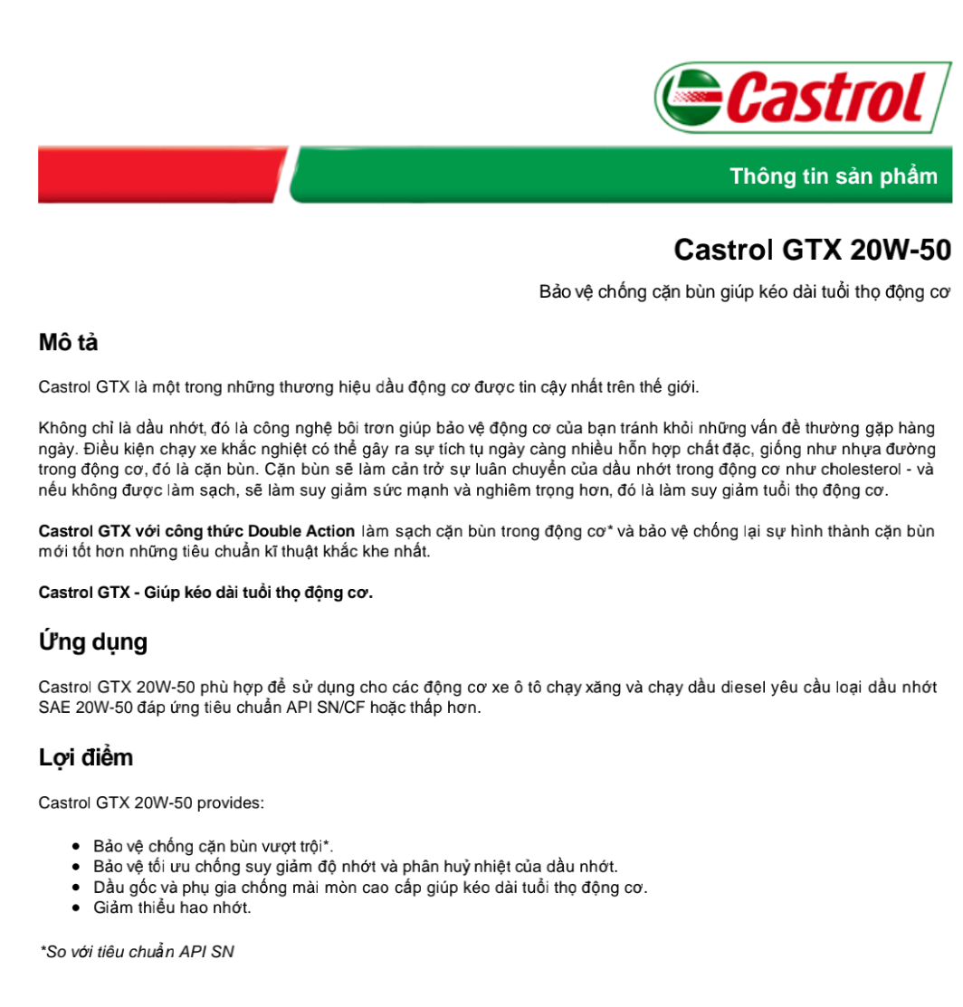 [ CHÍNH HÃNG 100% ] Nhớt ô tô Castrol GTX 20W50, nhớt động cơ phù hợp cho cả máy xăng và máy dầu