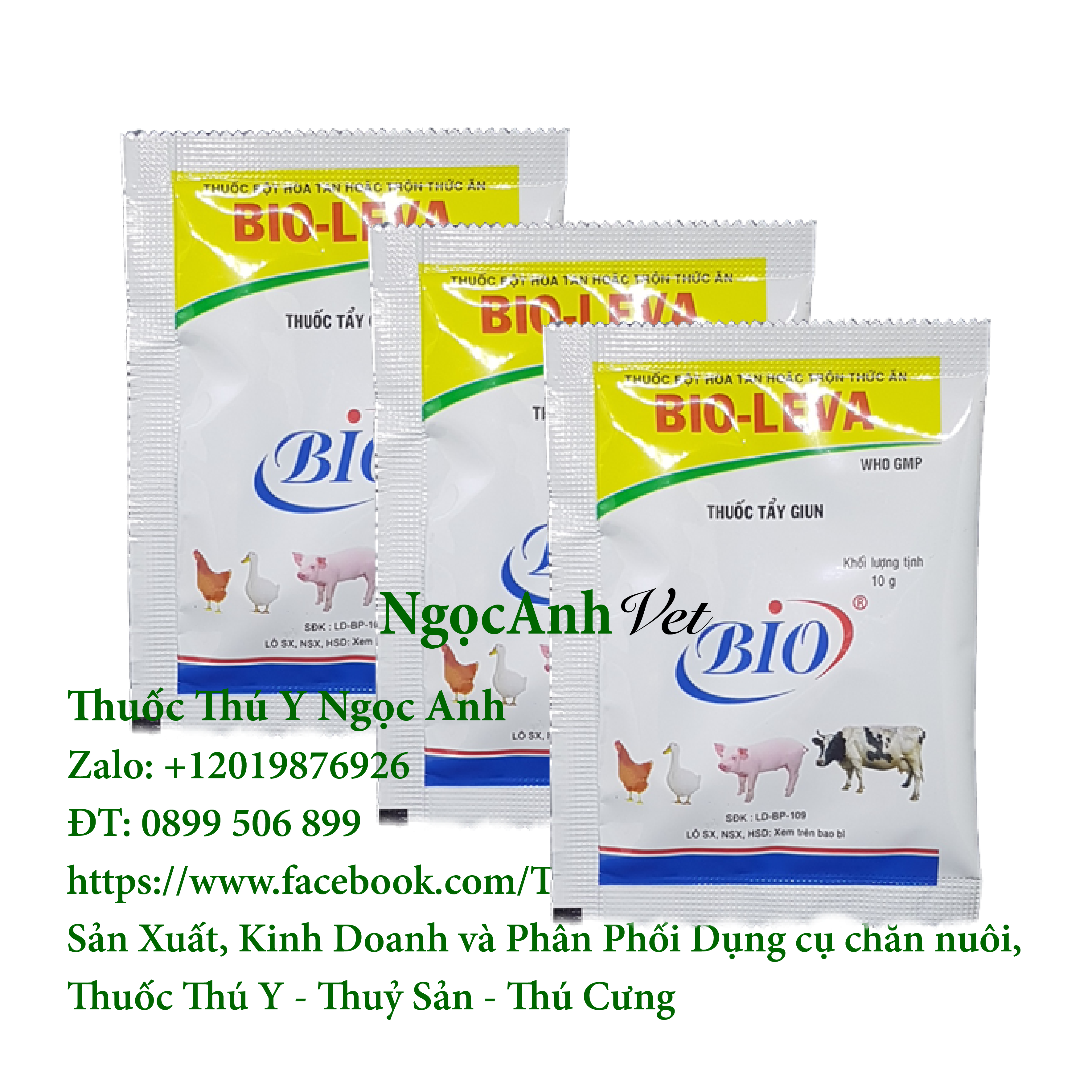 3 GÓI - TẨY GIUN GÀ ĐÁ, HEO, BÒ, VỊT - BIO LEVA 10G