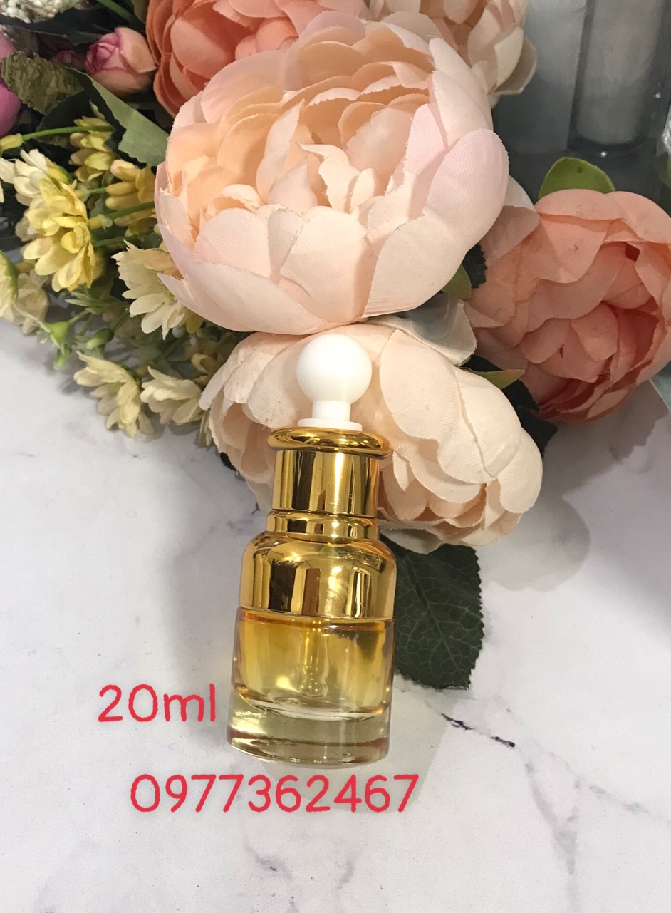 ( COMBO 5 ) VỎ CHAI CHIẾT dùng đựng serum CHAI THỦY TINH TRỤ 20ML trong/ vàng thôi ĐẦU BÓP VÀNG