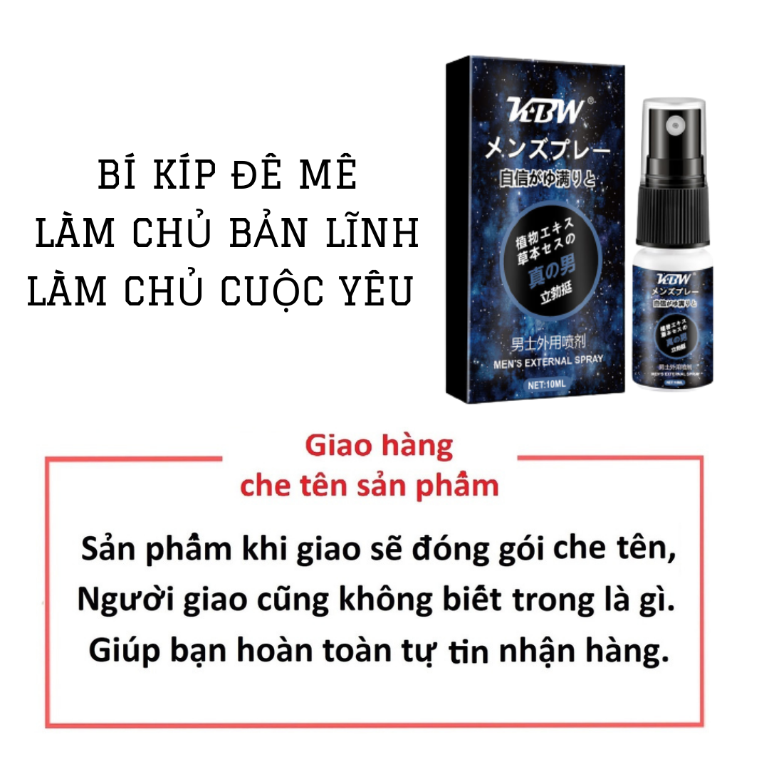 “ĐÁNH BAY” xuất sớm, thăng hoa cảm xúc với xịt KBW 10ml kéo dài  “cuộc yêu” bền bỉ gấp 2,3 lần, dứt điểm tình trạng “xuất sớm” hiệu quả cao giúp nam giới nhanh chóng lấy lại phong độ ngay từ lần đầu sử dụng