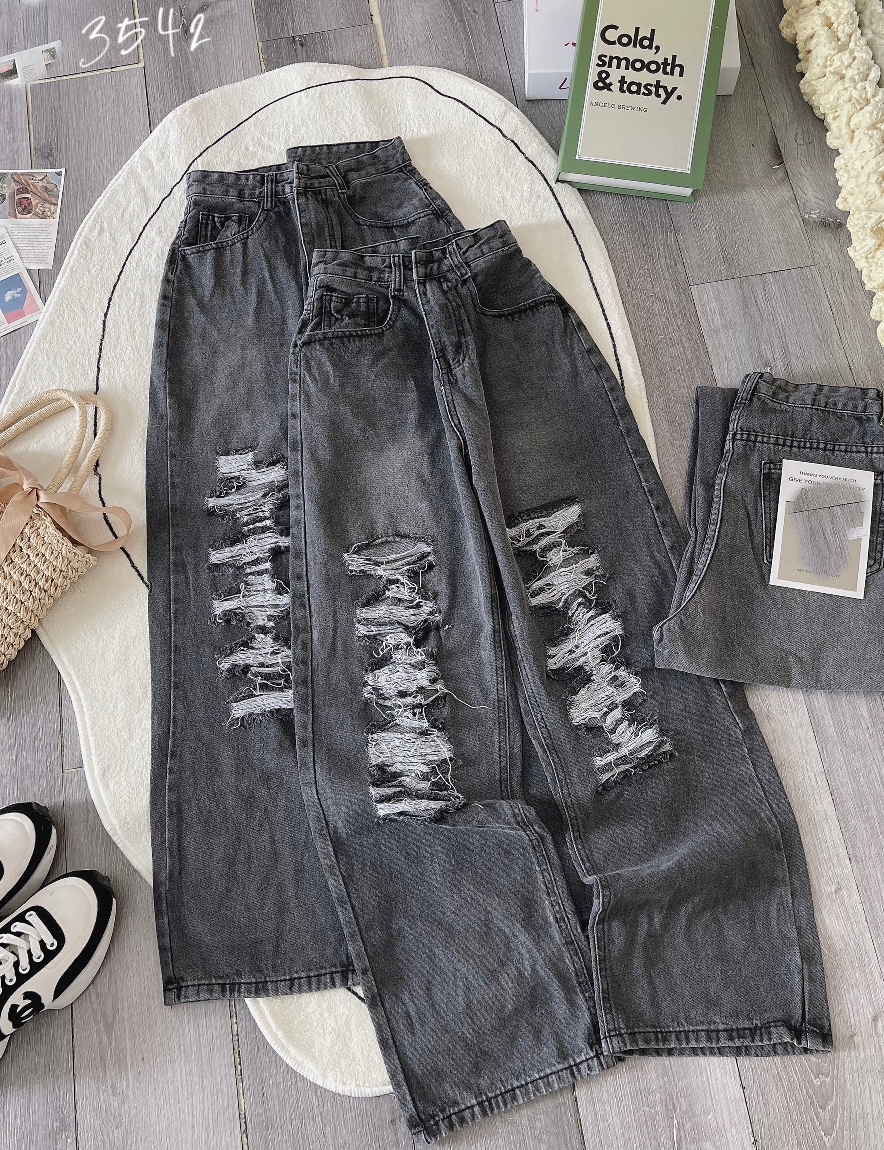 QUẦN JEANS ỐNG RỘNG NỮ LƯNG CAO RÁCH CÀO ĐÙI DÀI DỌC MÀU XÁM NHẠT LAI CUỐN ĐỈNH CAO HOT HIT NITI MỀM MỊN THỜI TRANG ORDM3542