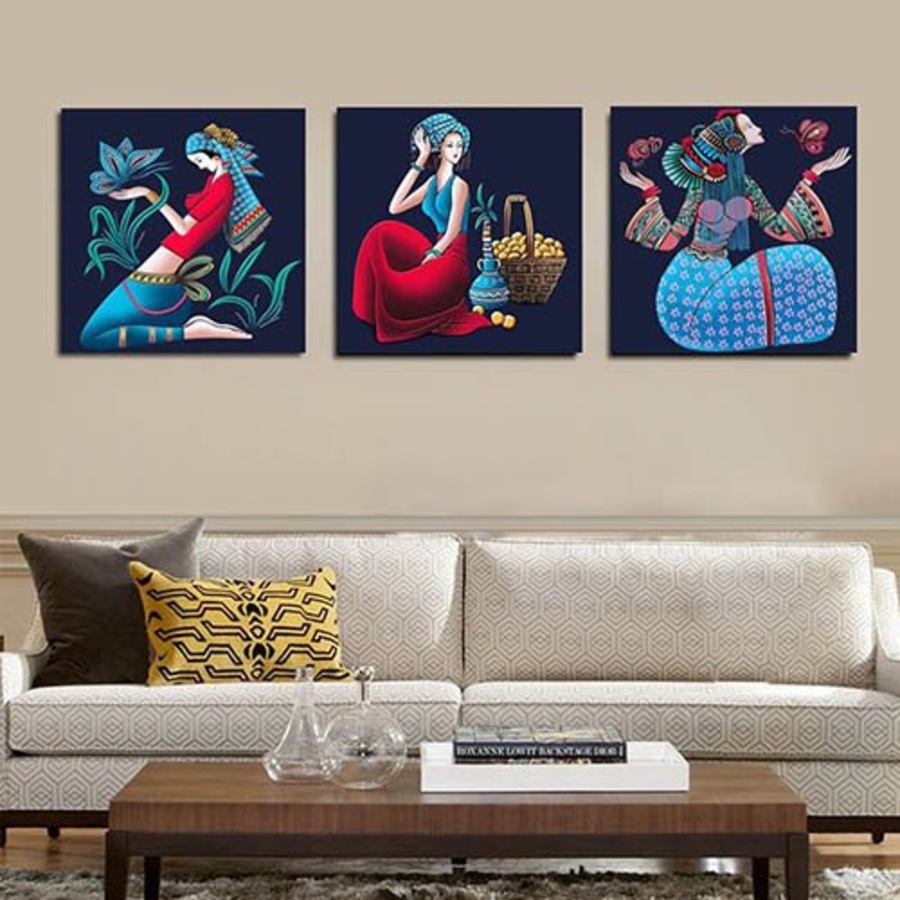 Lalashop - Bộ 3 Tấm tranh treo tường nghệ thuật dân tộc Tranh 3 Cô Gái Bắc Âu Trừu Tượng (HG-TG441) trang trí decoor tường phòng khách trang trí decor phòng ngủ cửa hàng cao cấp