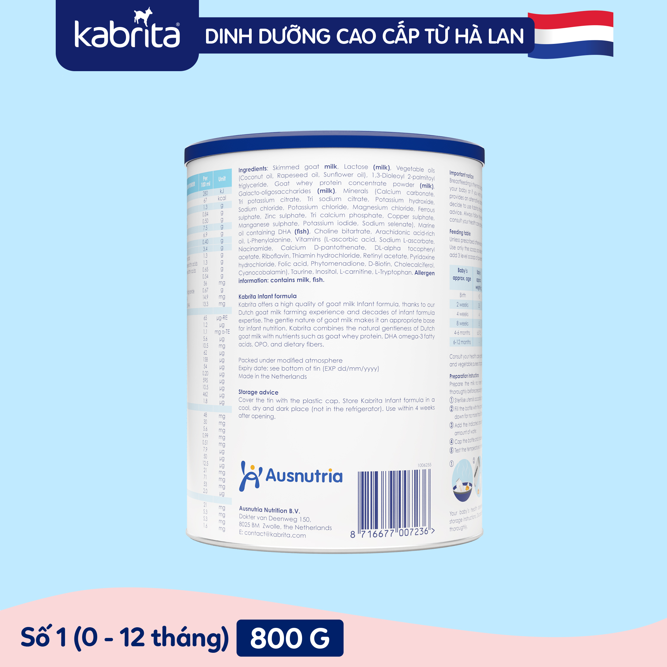 Sữa dê Kabrita cho trẻ từ 0-12 tháng - Lon 800g
