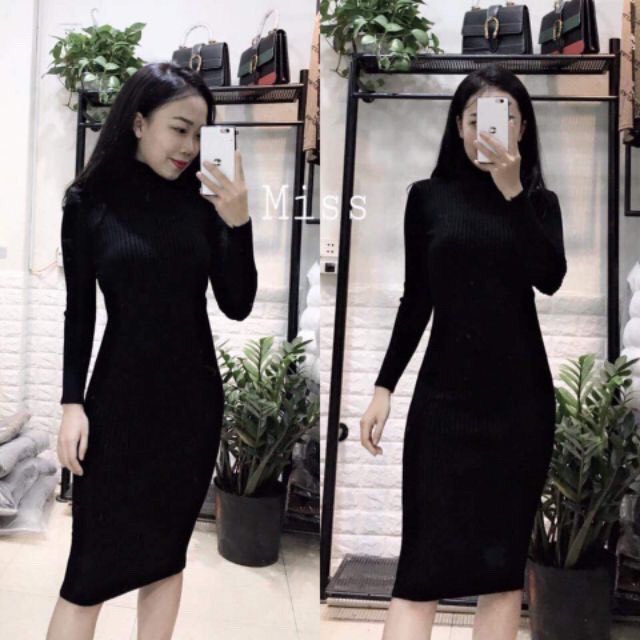 Váy body cổ lọ chất liệu len tăm
