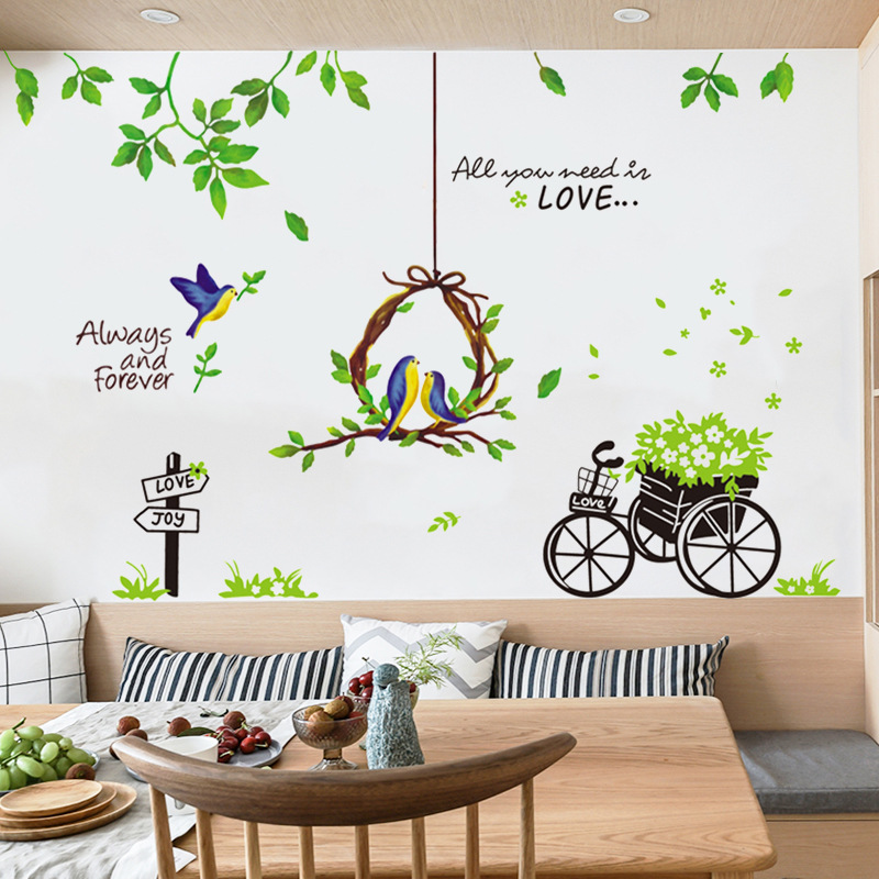 DECAL DÁN TƯỜNG LỒNG CHIM VÀ XE ĐẠP XANH