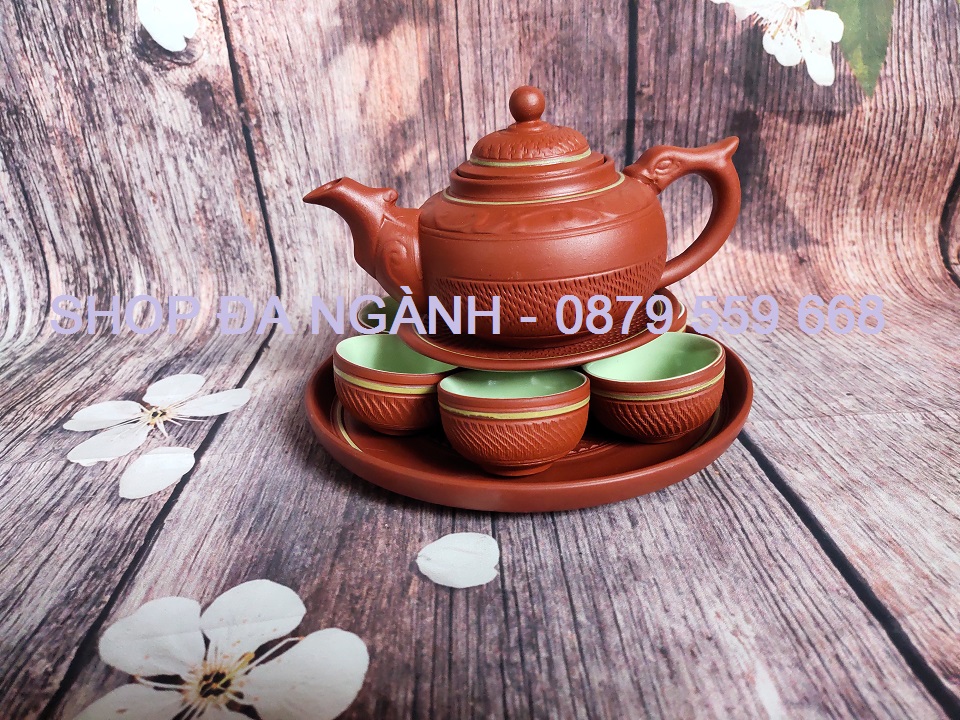 Bộ ấm chén gốm tử sa chóp tròn có khay 1 lớp