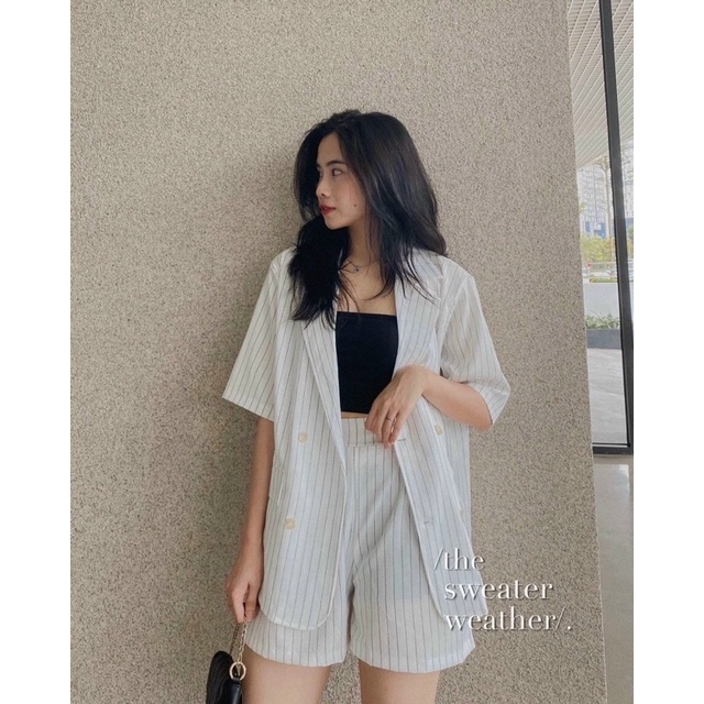 Set blazer kẻ trắng đen/ set vest sọc/ đồ công sở