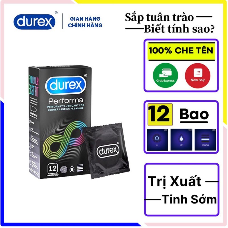 Bao cao su Durex performa 12 bao/1 hộp - Kéo dài thời gian, chống xuất tinh sớm.
