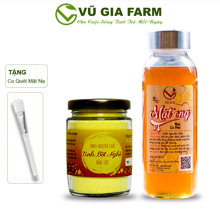 Combo Tinh Bột Nghệ 100g + Mật Ong Hoa Cà Phê 420g - Nguyên Chất Vũ Gia + Tặng Cọ quét mặt nạ - Đắp mặt dưỡng da, tốt cho sức khỏe tăng cường sức đề kháng