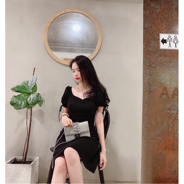 Đầm cổ V tay nơ 2 màu